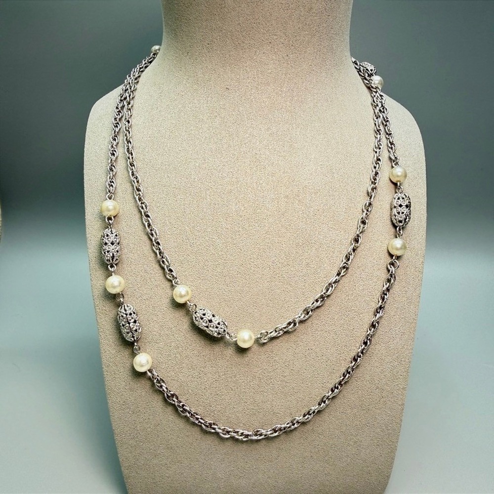 Sarah Coventry Silver Tone Filigree Bead‎ Faux Pearl Long Chain Necklace 46"